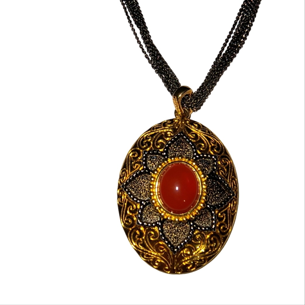 Designer Gold Over Sterling Silver & Red Carnelian Oxidized Look Necklace